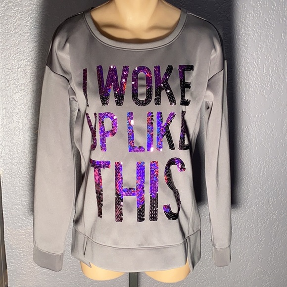 M - JUICY COUTURE - sequin I WOKE UP LIKE THIS grey / purple sweater - Picture 2 of 16